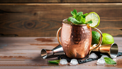 Moscow mule cocktails in copper mug with lime, ice, ginger beer, vodka and mint. Wooden background, bar tools, negative space - obrazy, fototapety, plakaty