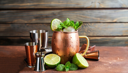 Moscow mule cocktails in copper mug with lime, ice, ginger beer, vodka and mint. Wooden background,...