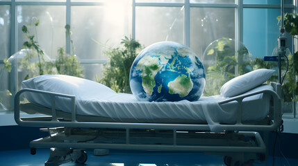 la planète Terre sur un lit d'hôpital, concept pour sauver la planète - obrazy, fototapety, plakaty