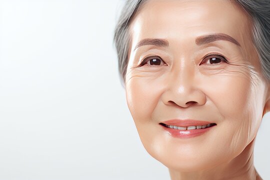 Close-up portrait of a stylish beautiful woman in her 50s. Skin care concept. Luxurious middle-aged woman with a short gray hairdo looks at the camera.