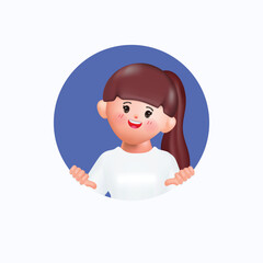 Young smiling woman peeking out and looking from behind round hole. Searching concept. 3d vector people character illustration. Cartoon minimal style. Avatar of a laughing young woman. Portrait, 3D