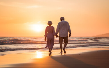 Happy senior man and woman old retired couple husband and wife walking and holding hands on a beach at sunset