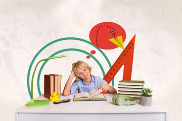 Banner collage 3d graphics sketch billboard of dreamy minded smart boy doing homework preparing exam seminar isolated on paper background
