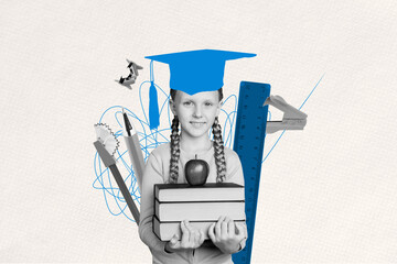 Image collage artwork poster banner of diligent girl hold school supply apple fruit ready back to...