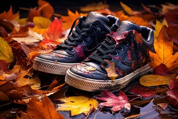 Laubbedeckte Pfade: Schuhe im feuchten Herbstlaub
