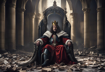 King sitting on a throne in a damaged hall