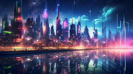 Fototapeta premium Cyberpunk Skylines: Futuristic Cityscape with Neon Towers