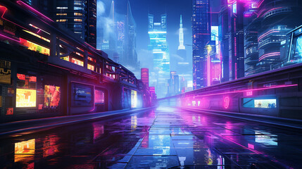 Fototapeta na wymiar Cyberpunk Skylines: Futuristic Cityscape with Neon Towers