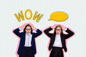 Creative collage image of two surprised impressed girls hands touch head mind bubble wow isolated...