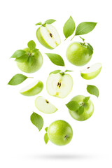 Juicy green apples with green leaves fly or fall on white background as art composition, with whole, half and quarter fruit, isolated, shadow. Summer fruits for advertising, design, label product.