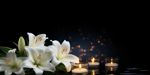 lily of the valley, Beautiful lily flowers and burning candles on black background