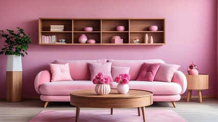 Soft pink lounge featuring a sofa and shelves, blending comfort and organization seamlessly