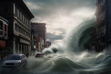 Generative AI illustration of tsunami flooding a city, Generative AI
