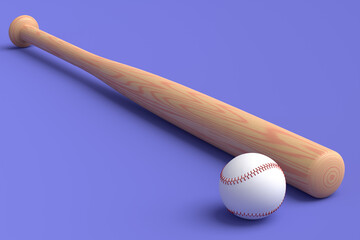 Wooden professional softball or baseball bat and ball on violet background