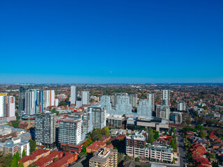 Drone view looking down on Commercial Suburb of Burwood in Sydney residential houses in suburbia...