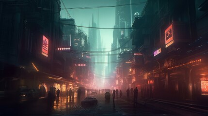 Concept art illustration of asian cyberpunk sci-fi dystopian city, Generative AI