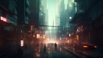 Fototapeta na wymiar Concept art illustration of asian cyberpunk sci-fi dystopian city, Generative AI