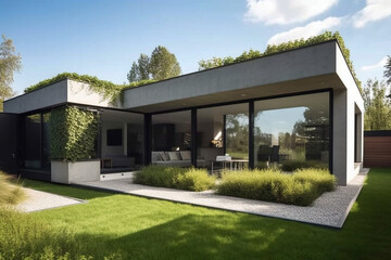 Fototapeta na wymiar A minimalist house with a minimalist facade and a perfectly manicured garden, Minimalist House, 