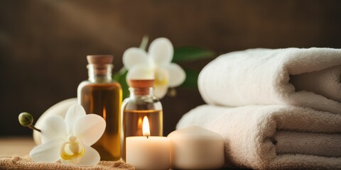 Obraz na płótnie Canvas illustration of spa skin care product set, towel, candle, oil bottle, generative AI
