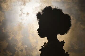 The silhouette of an African young girl with curly hair looking to the left, light background