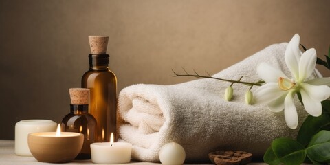 Fototapeta na wymiar illustration of spa skin care product set, towel, candle, oil bottle, generative AI