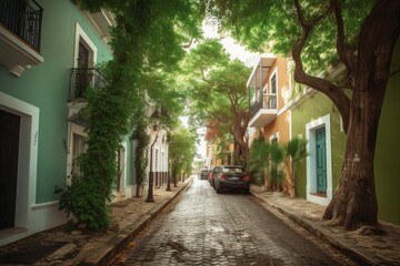 Fototapeta na wymiar Beautiful street full of trees in old San Juan, Puerto Rico, Generative AI
