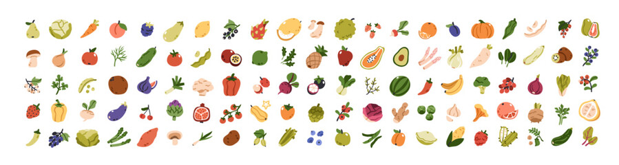 Fruit, vegetable icons set. Fresh healthy vegetarian food bundle. Berries, mushrooms, cabbage, broccoli, organic vegan products, veggies. Flat graphic vector illustrations isolated on white background - obrazy, fototapety, plakaty