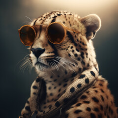 Image of a cheetah wore sunglasses and wore a jacket on clean background. Wildlife Animals. Illustration, Generative AI.