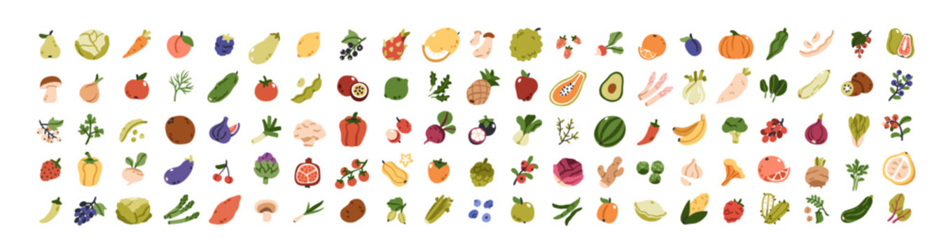 Fruit, vegetable icons set. Fresh healthy vegetarian food bundle. Berries, mushrooms, cabbage, broccoli, organic vegan products, veggies. Flat graphic vector illustrations isolated on white background