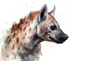 Watercolor painting of a hyena on a white background. Wildlife Animals. Illustration, generative AI.