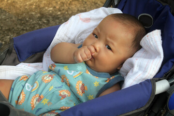 Adorable baby boy is in stroller
