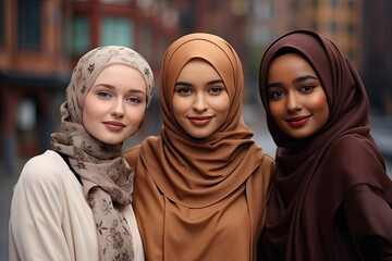 Group of multiethnic Muslim women with hijab. Diversity concept.