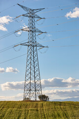 Power lines. Energy industry. Industrial electricity distribution. Renewable production