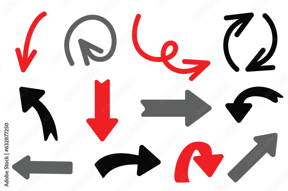 Poster set of arrow in the flat cartoon style. the arrow illustrations in this red and black design set off