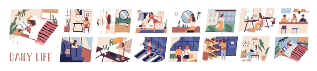 Daily life, work day routine set. Everyday lifestyle from morning till evening. Woman waking, training, lunch in office, sleeping at home. Flat graphic vector illustration isolated on white background