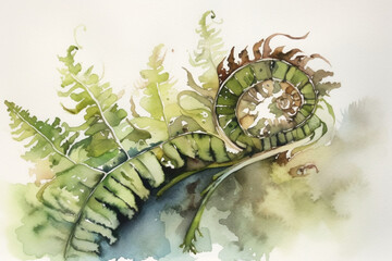Delicate fern leaves unfurling, Leaves Watercolor, 