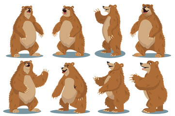 Fototapeta premium Set of bears in the flat cartoon style. A captivating set of wild bear illustrations with a unique and artistic design and forest atmosphere. Vector illustration.