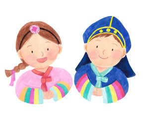 Children wearing hanbok (traditional Korean costume) watercolor hand-painted illustration