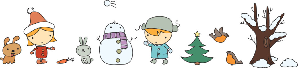 Winter illustrations set with children, animals, birds, snowman and trees. Vector cartoon picture