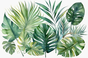 Fototapeta na wymiar Majestic tropical palm leaves in shades of green, Leaves Watercolor, 