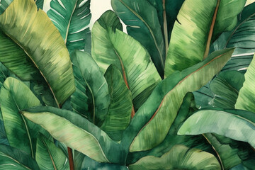 Verdant banana leaves creating a lush tropical atmosphere, Leaves Watercolor, 