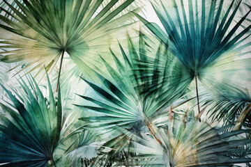 Impressive fan palm leaves creating a tropical oasis, Leaves Watercolor, 