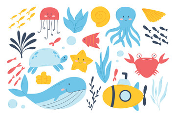Set of sea animals in flat style. Vector illustration. Collection of marine inhabitants. Hand drawn crab, octopus, jellyfish, whale, fish.