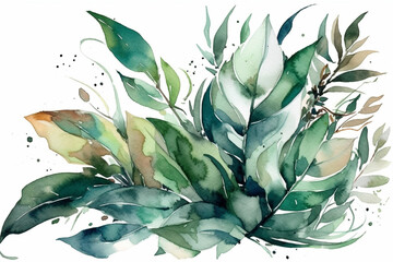 Whimsical arrangement of watercolor green large leaves on a pristine white background, Leaves Watercolor, 