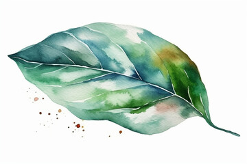 Tranquil watercolor green large leaf floating delicately on a white background, Leaves Watercolor, 