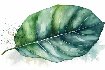 Elegantly placed watercolor green large leaf on a pristine white background, Leaves Watercolor, 