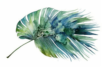 Delicate watercolor green large palm leaf with intricate details on a white background, Leaves Watercolor, 