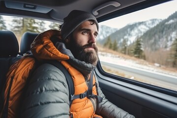 Man traveling by car. Portrait of handsome bearded man in yellow jacket sitting in the car.