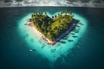 Concept art illustration of beautiful tropical island in the shape of heart, Generative AI