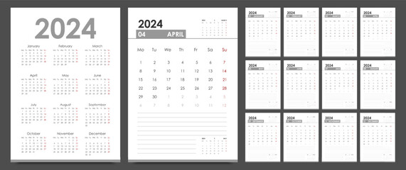 Planner 2024 year. Calendar template. Vertical orientation. The week starts on Monday, English.